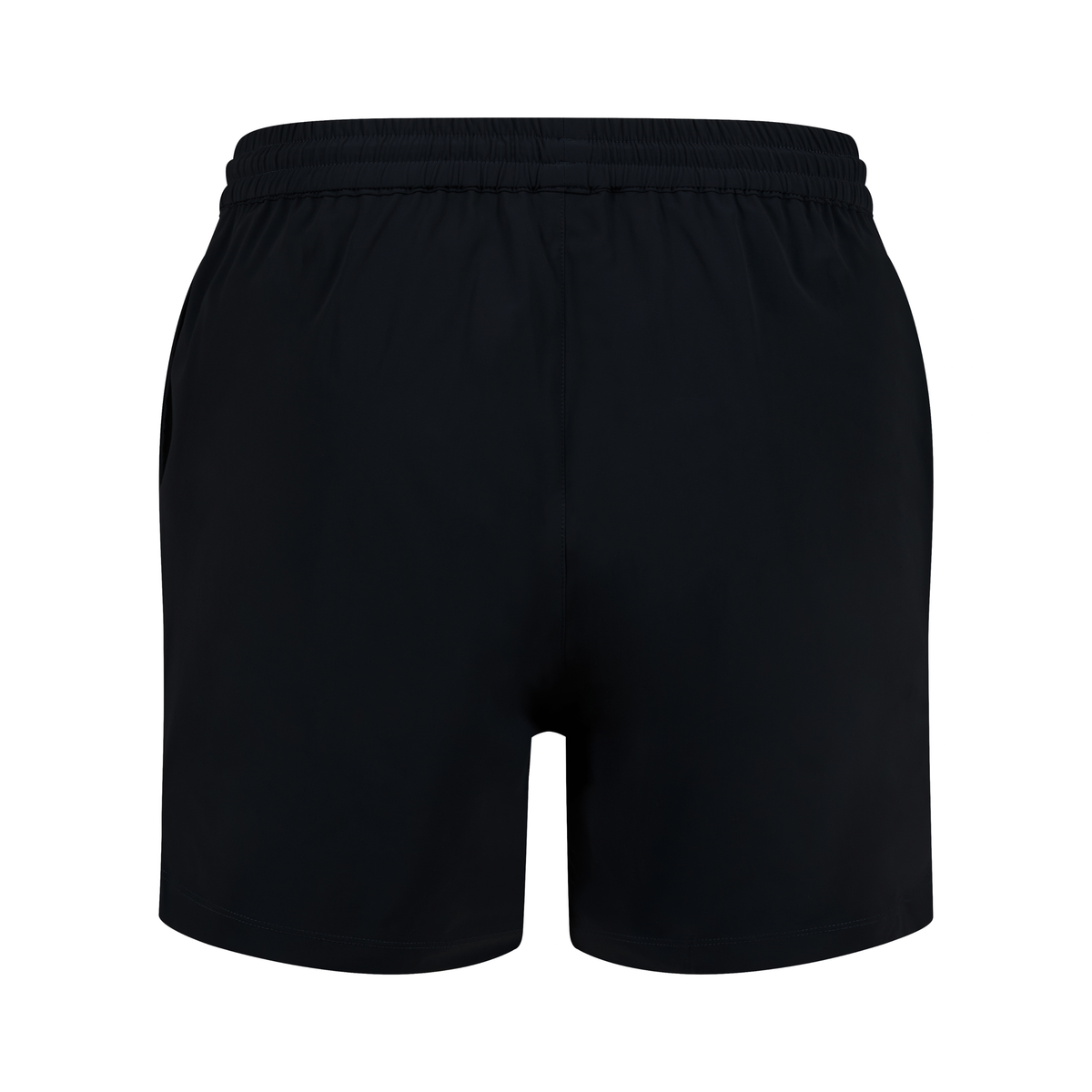 Black athletic shorts with an elastic waistband, shown from the back on a plain white background.
