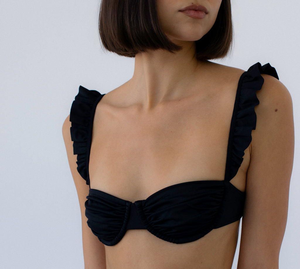 Black bikini top with ruffled straps worn by a model on a white background